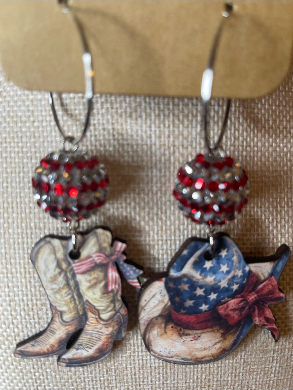 Patriotic Cowboy Boot & Hat Dangle Earrings in Red and Blue Gypsy South